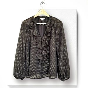 Nanette Lepore Ruffle Blouse Shimmer Gold/Black Long Sleeve Elastic Cuff Lined